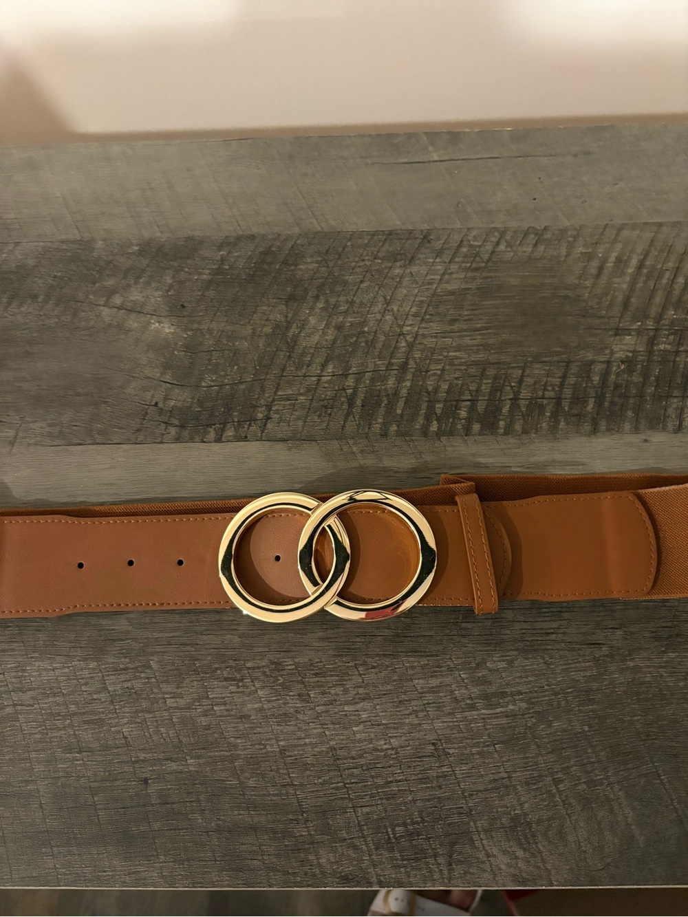 Gold Double Ring Buckle Tan Leather Expanding Waist Belt